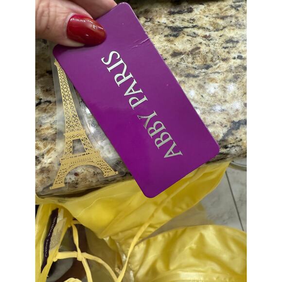 Abby Paris formal Gown 8 Butter Cup yellow Illusion plunging open back NWT $338 - Picture 8 of 15